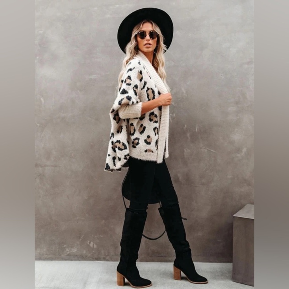 Leopard Print Open Front Cardigan, White/Brown - Picture 8 of 11